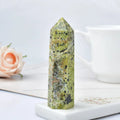 Natural green serpentine crystal hexagonal pointing tower