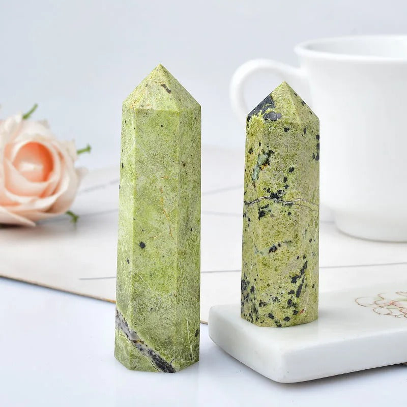 Natural green serpentine crystal hexagonal pointing tower