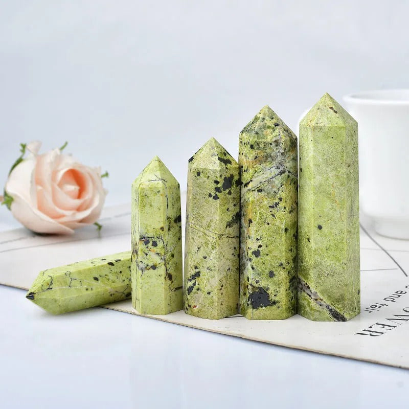 Natural green serpentine crystal hexagonal pointing tower