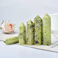 Natural green serpentine crystal hexagonal pointing tower