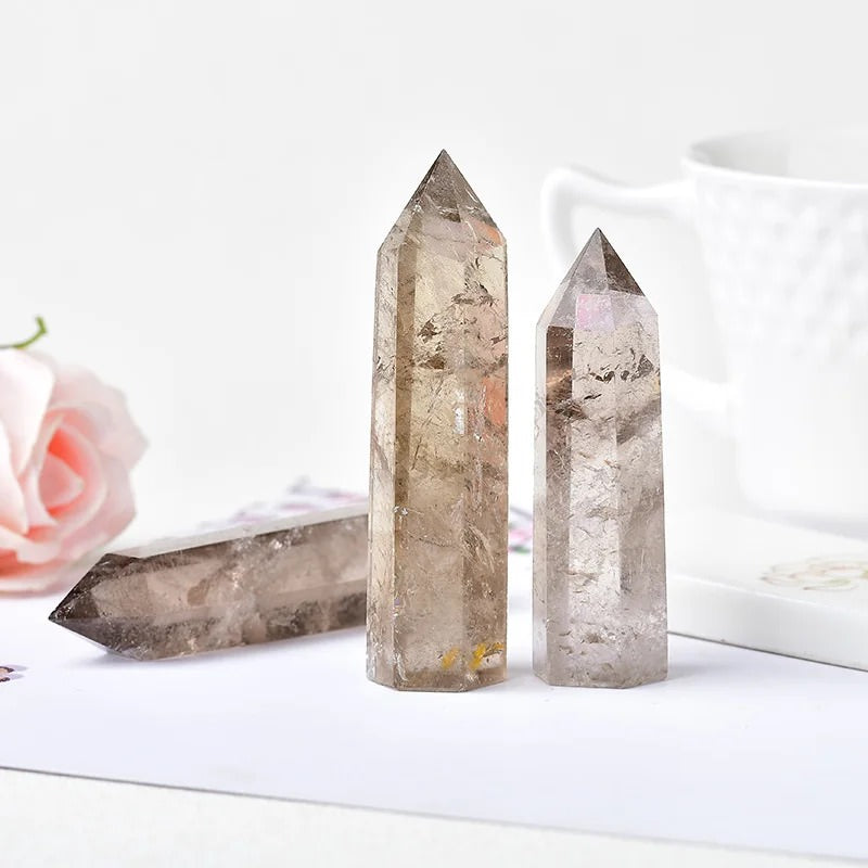 Natural brown shaded smoky quartz crystal hexagonal pointing tower roomtery