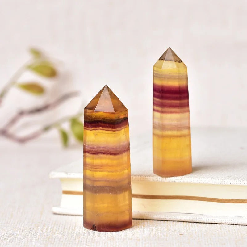 natural yellow fluorite crystal hexagonal pointing tower roomtery