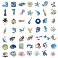 Collection of various sea-themed stickers including shells, corals, and marine creatures.