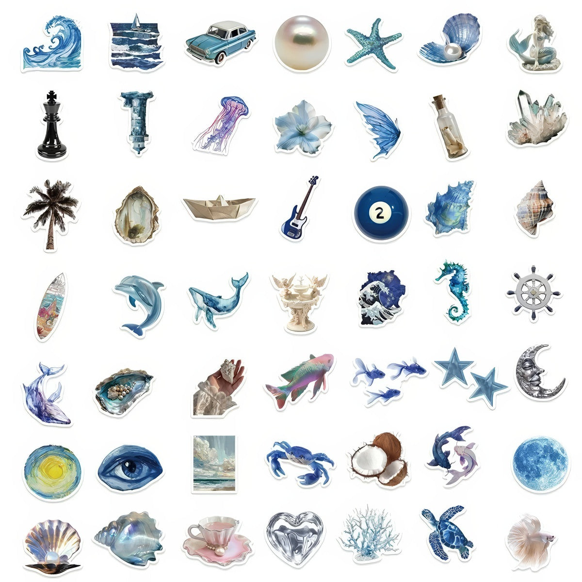 Collection of various sea-themed stickers including shells, corals, and marine creatures.