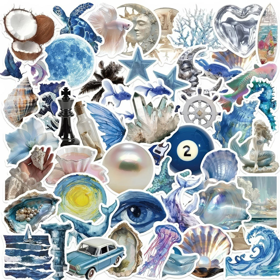 Collection of various sea-themed stickers including shells, corals, and marine creatures.