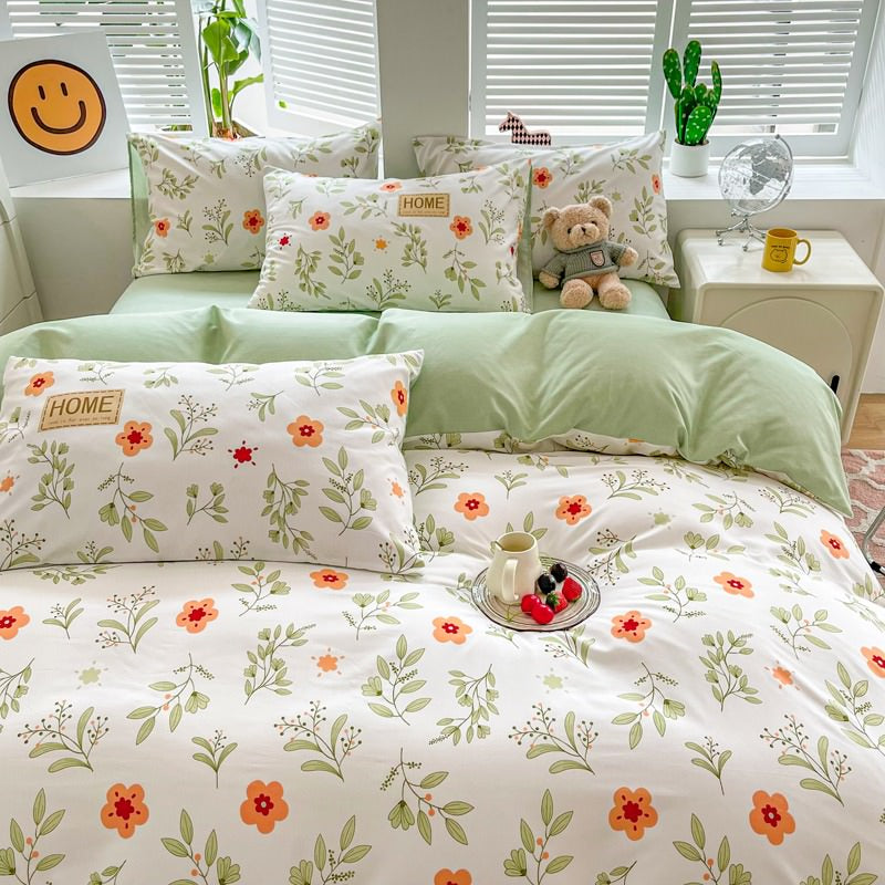 orange flower print aesthetic bedding duvet cover set roomtery bedroom decor