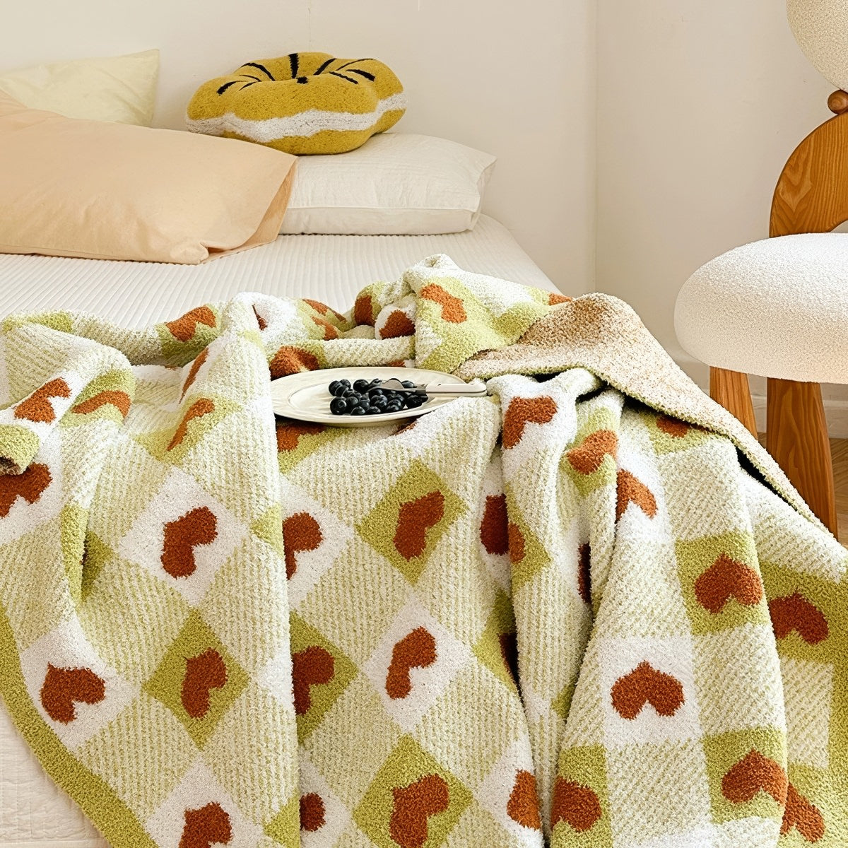 knitted olive checker with hearts throw blanket 