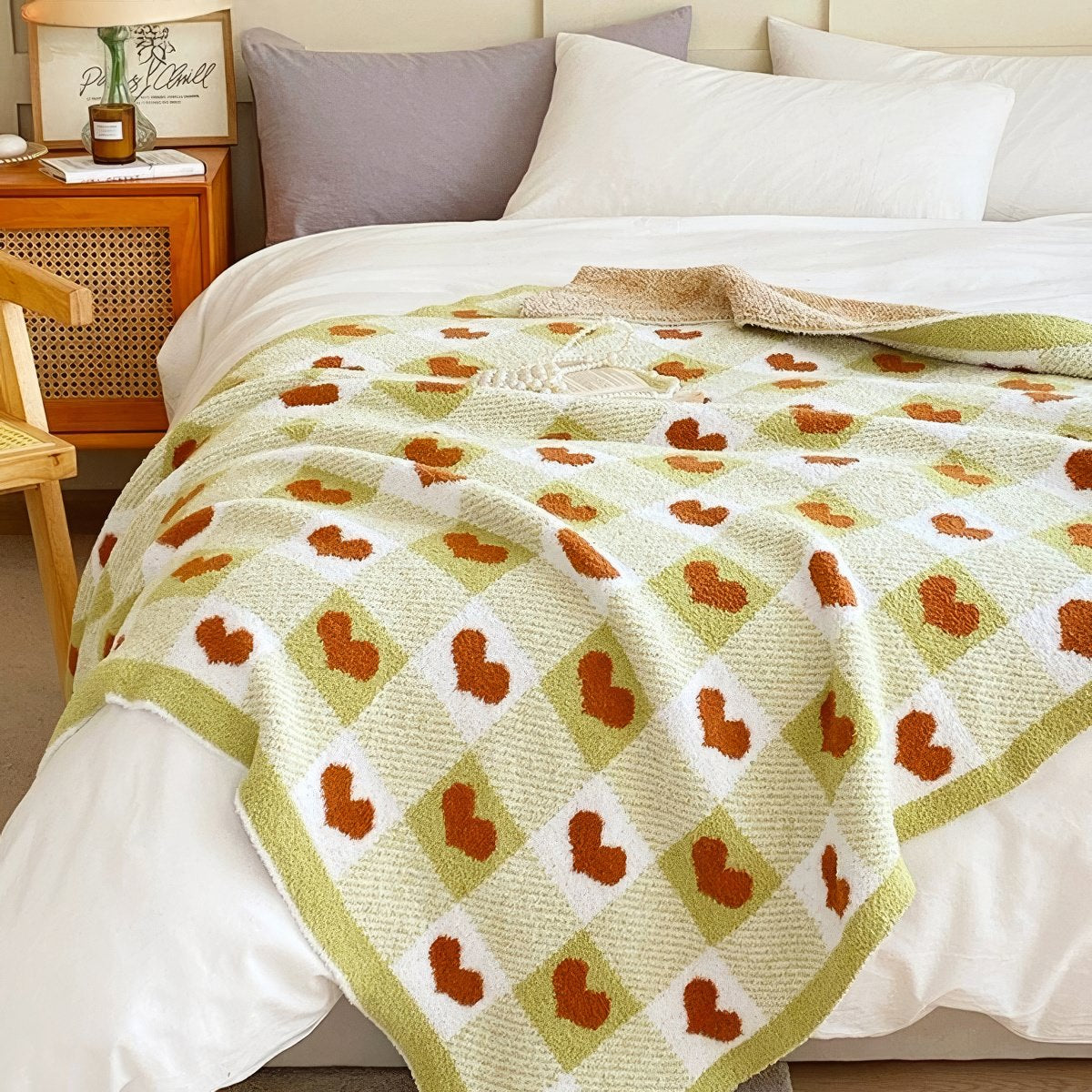 knitted olive checker with hearts throw blanket 