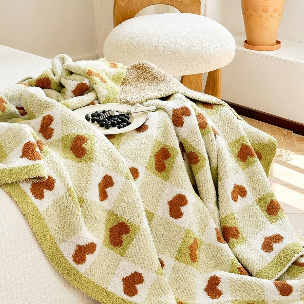 knitted olive checker with hearts throw blanket 