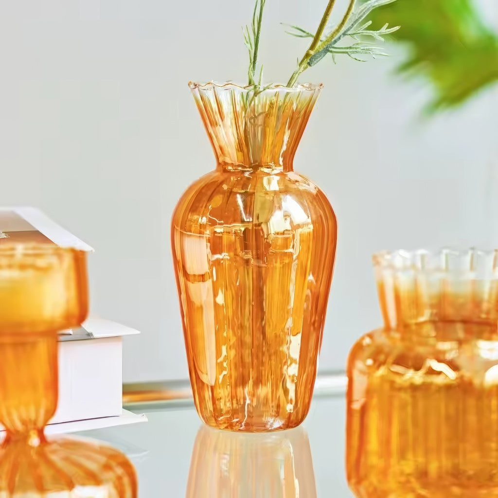 glossy orange color with ribbed texture vintage aesthetic glass vase