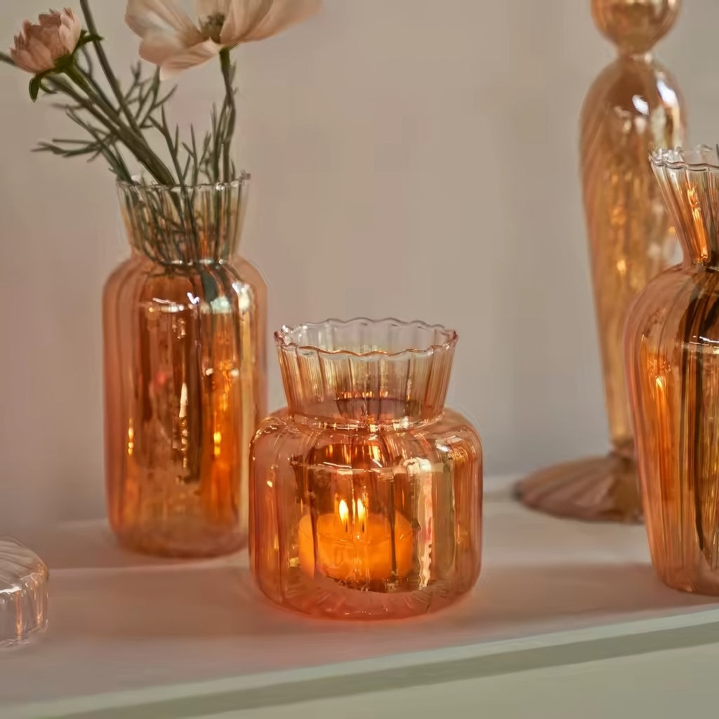 glossy orange color with ribbed texture vintage aesthetic glass vase