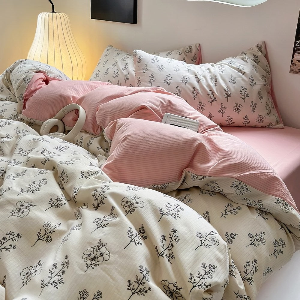 outline floral print on pale pink and creamy white background aesthetic bedding duvet cover set 