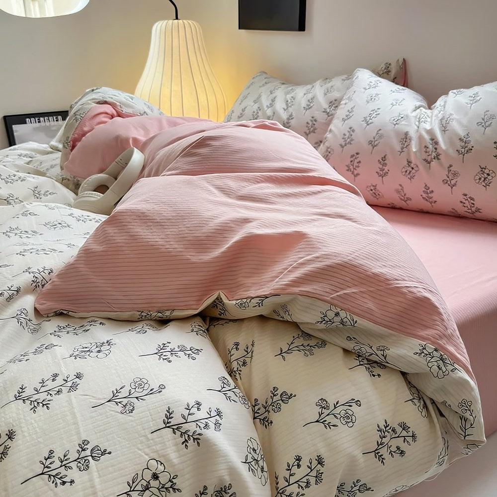 outline floral print on pale pink and creamy white background aesthetic bedding duvet cover set 