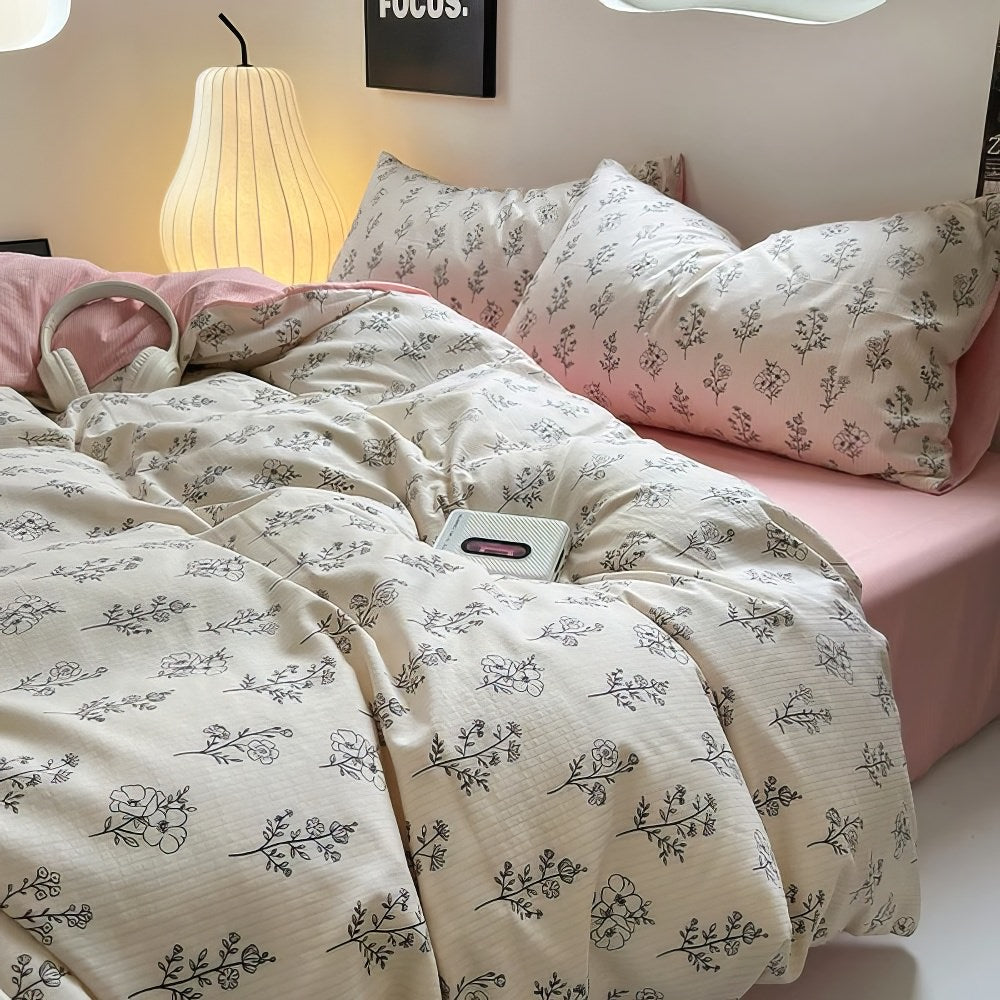 outline floral print on pale pink and creamy white background aesthetic bedding duvet cover set 