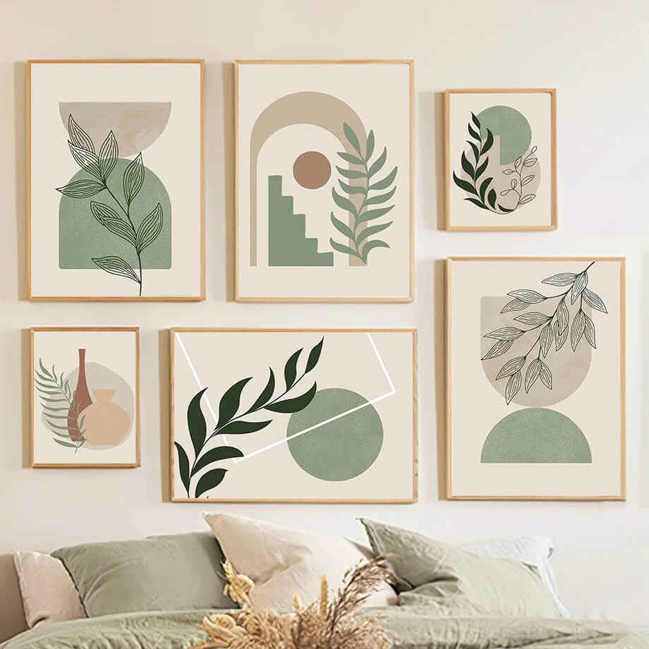 sage green aesthetic gallery wall art minimalist shapes canvas posters roomtery