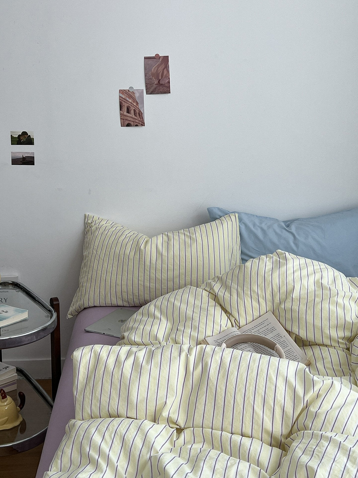 pale pastel aesthetic striped yellow, lilac, and light blue bedding duvet cover set 