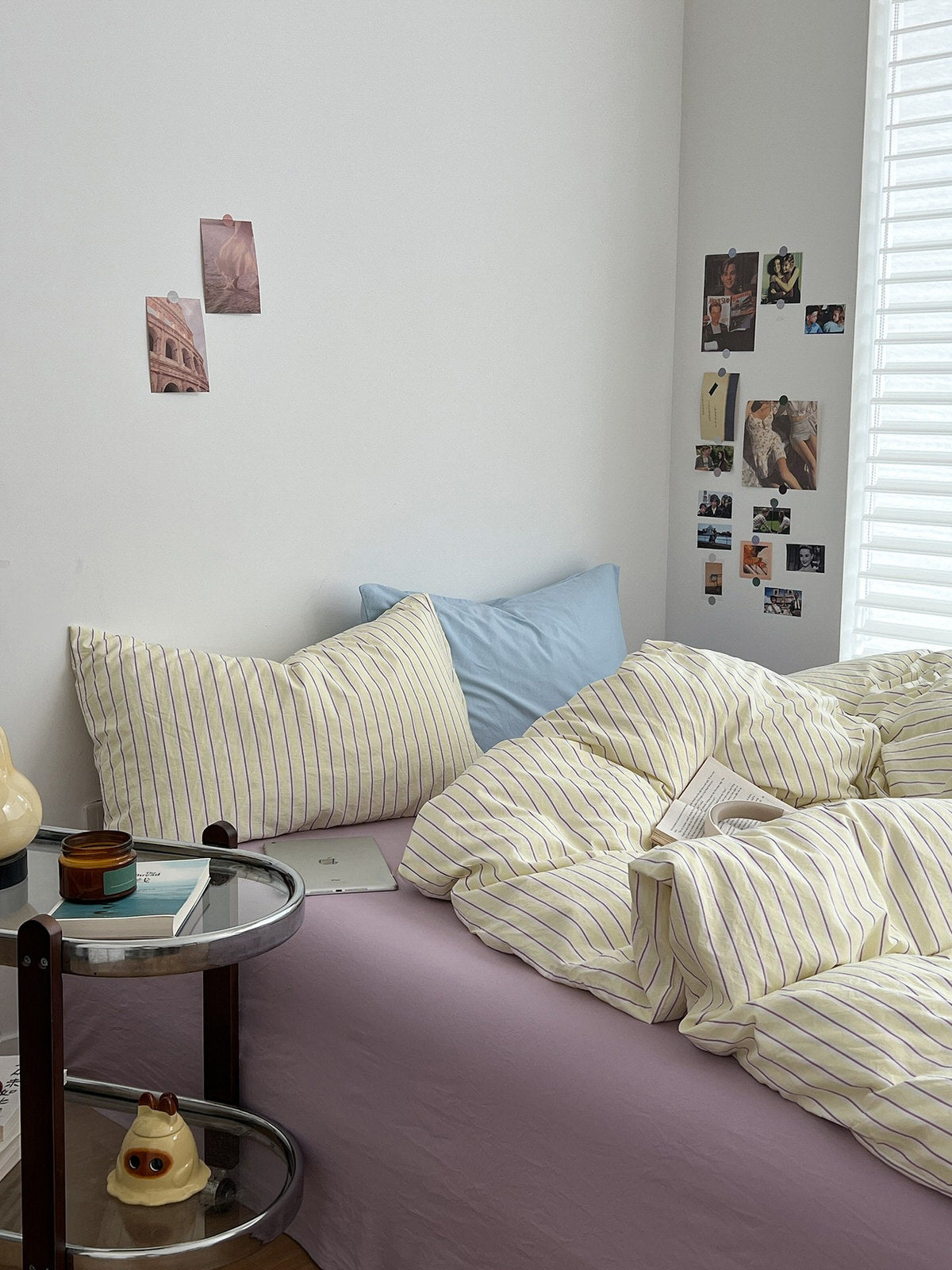pale pastel aesthetic striped yellow, lilac, and light blue bedding duvet cover set 