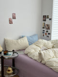 pale pastel aesthetic striped yellow, lilac, and light blue bedding duvet cover set 