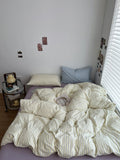 pale pastel aesthetic striped yellow, lilac, and light blue bedding duvet cover set 