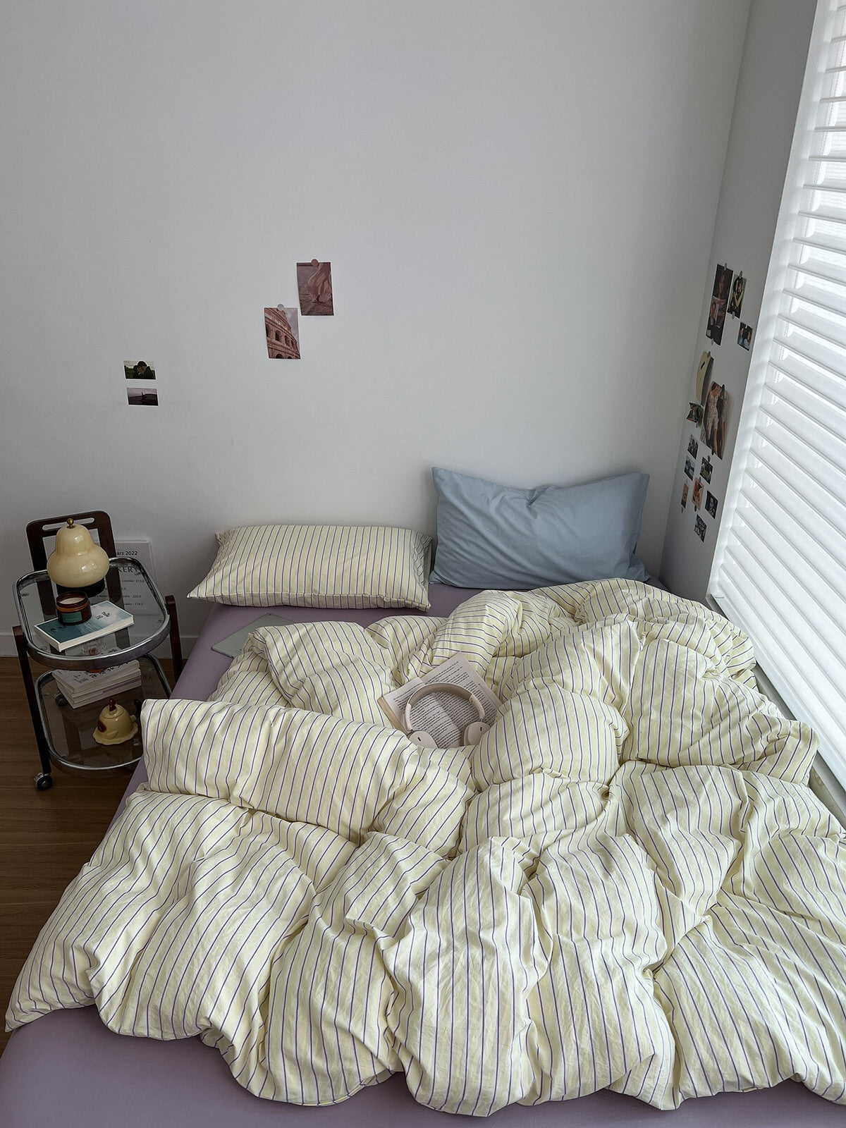 pale pastel aesthetic striped yellow, lilac, and light blue bedding duvet cover set 