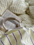 pale pastel aesthetic striped yellow, lilac, and light blue bedding duvet cover set 