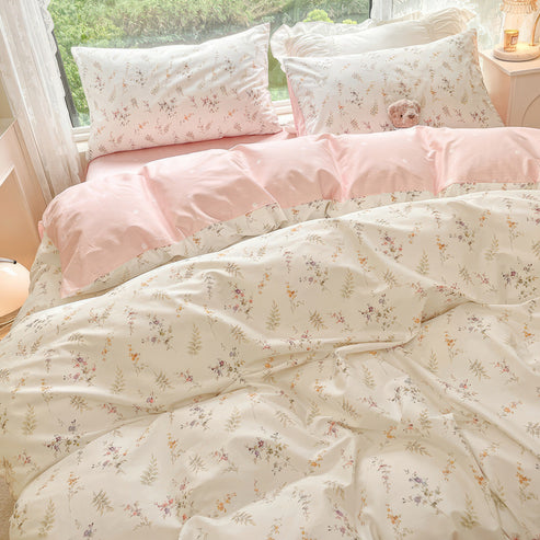 Pale Pink Floral Print Bedding Set | Pastel Aesthetic Bedding - roomtery