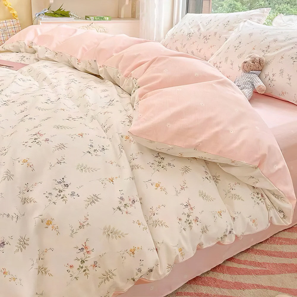 Pale Pink Floral Print Bedding Set | Pastel Aesthetic Bedding - roomtery