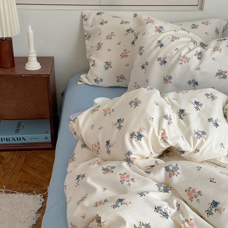 pastel blue color floral print aesthetic bedding duvet cover set roomtery bedroom decor