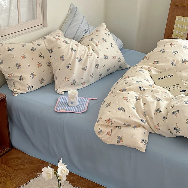 pastel blue color floral print aesthetic bedding duvet cover set roomtery bedroom decor