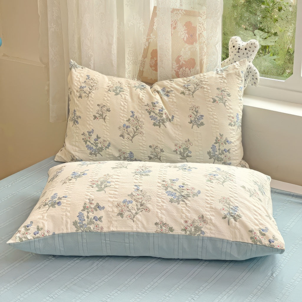 pastel blue flowers pattern print textured fabric bedding duvet cover set roomtery