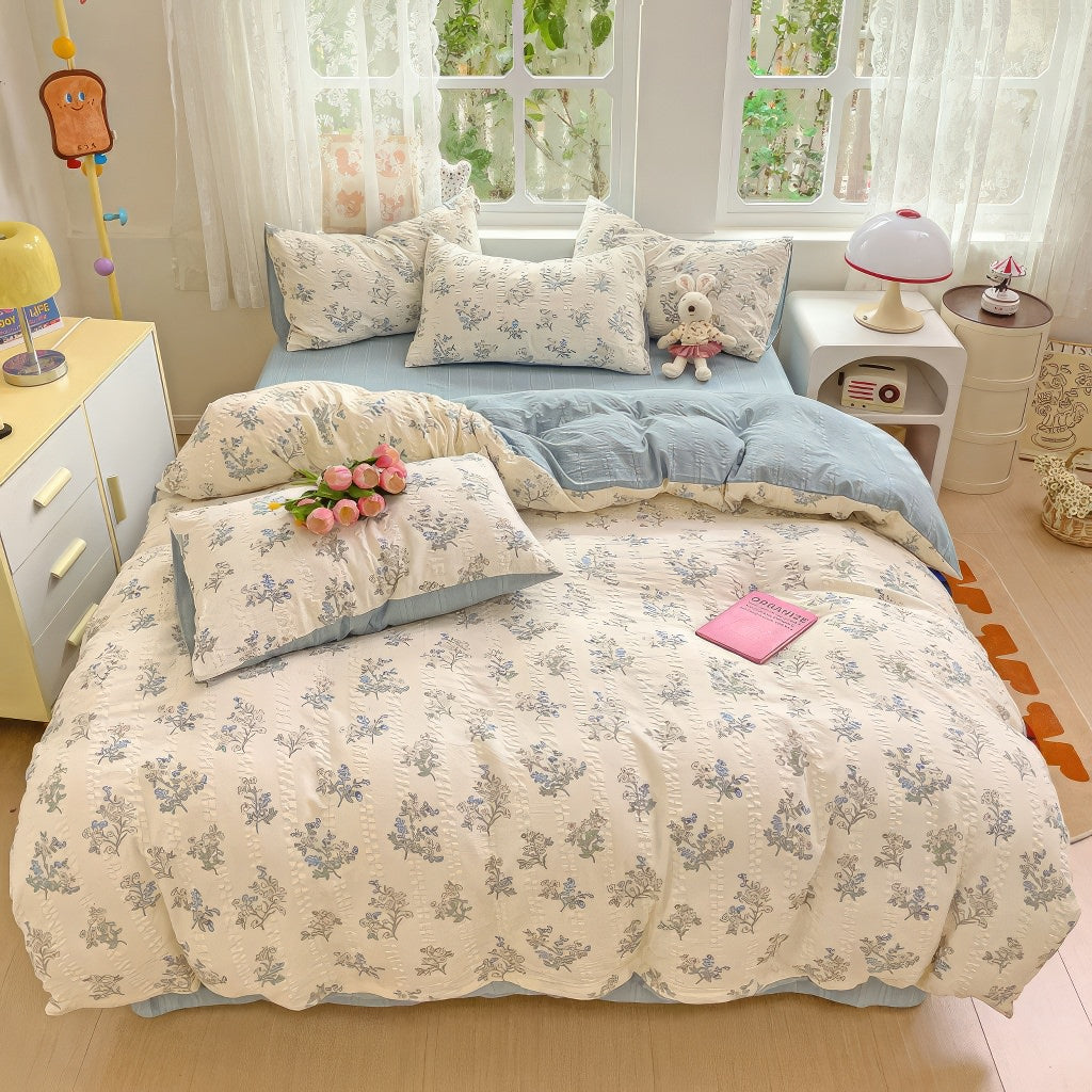 pastel blue flowers pattern print textured fabric bedding duvet cover set roomtery