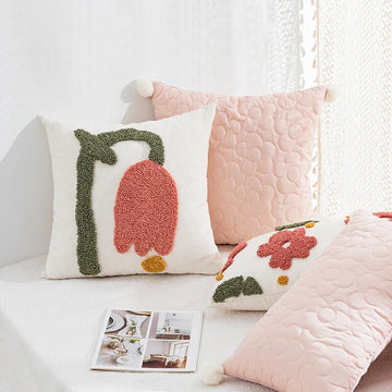 pastel flower tulip tufted fringe cushion cover aesthetic room decor roomtery