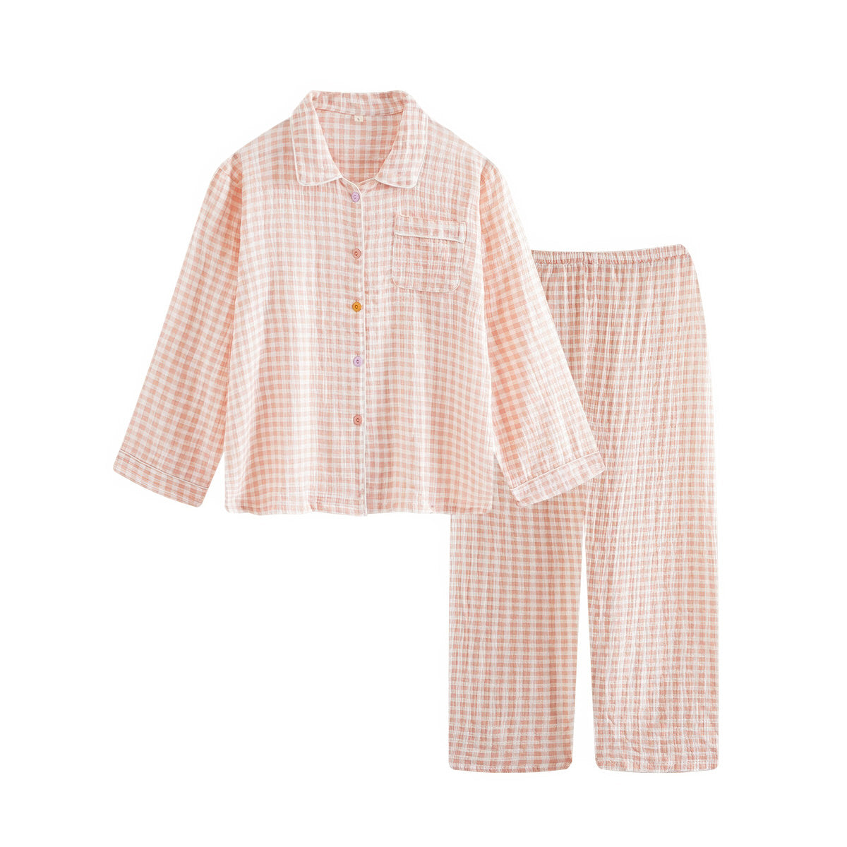 pastel gingham print long sleeve cotton pajama set