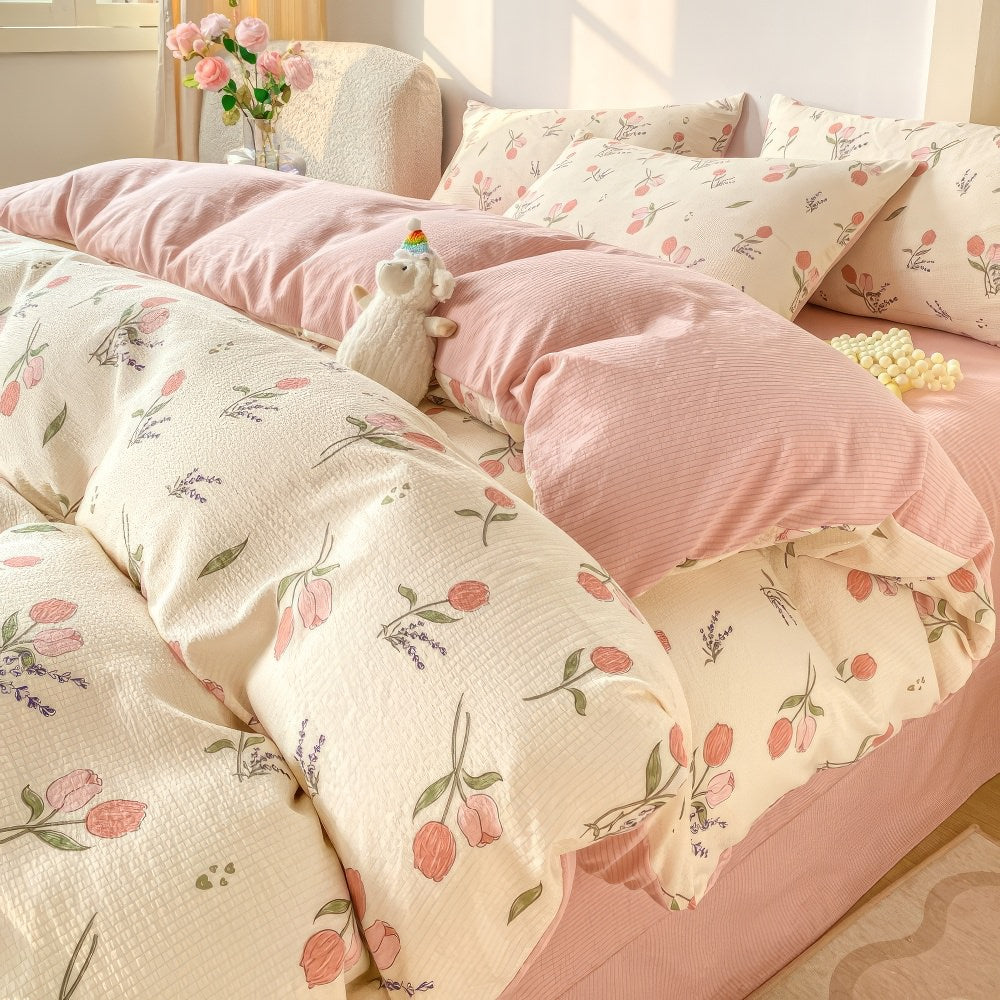 pastel aesthetic bedding duvet cover sheet set with pink tulip flower pattern print