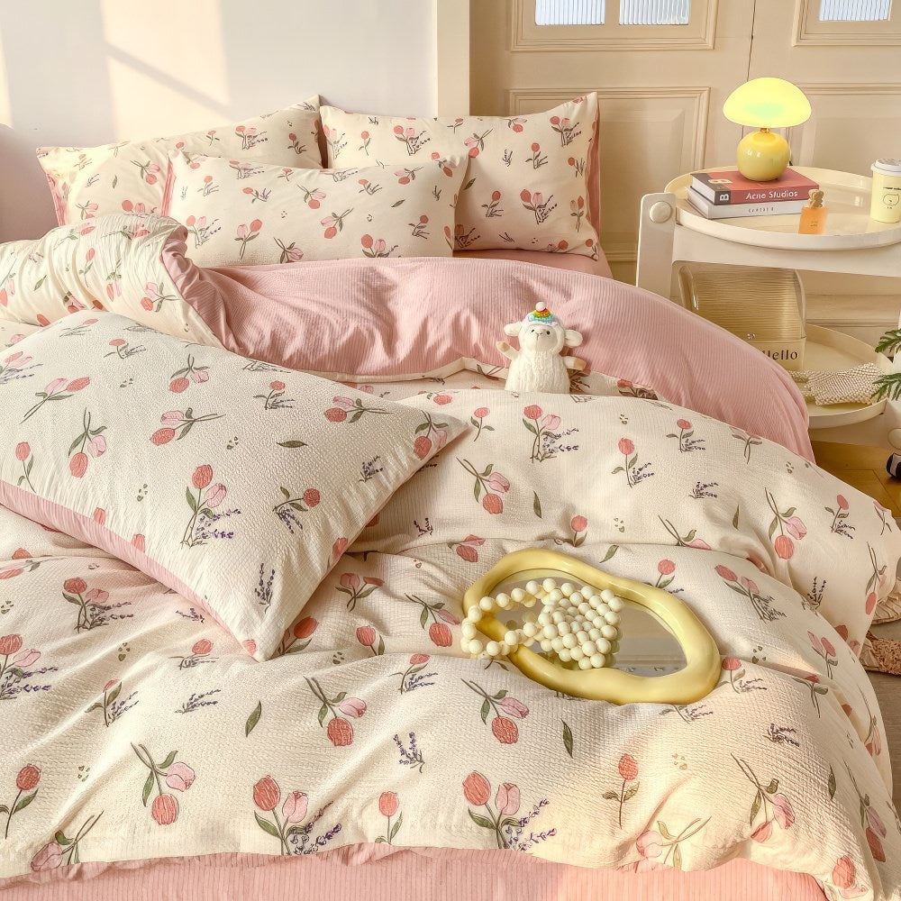 pastel aesthetic bedding duvet cover sheet set with pink tulip flower pattern print