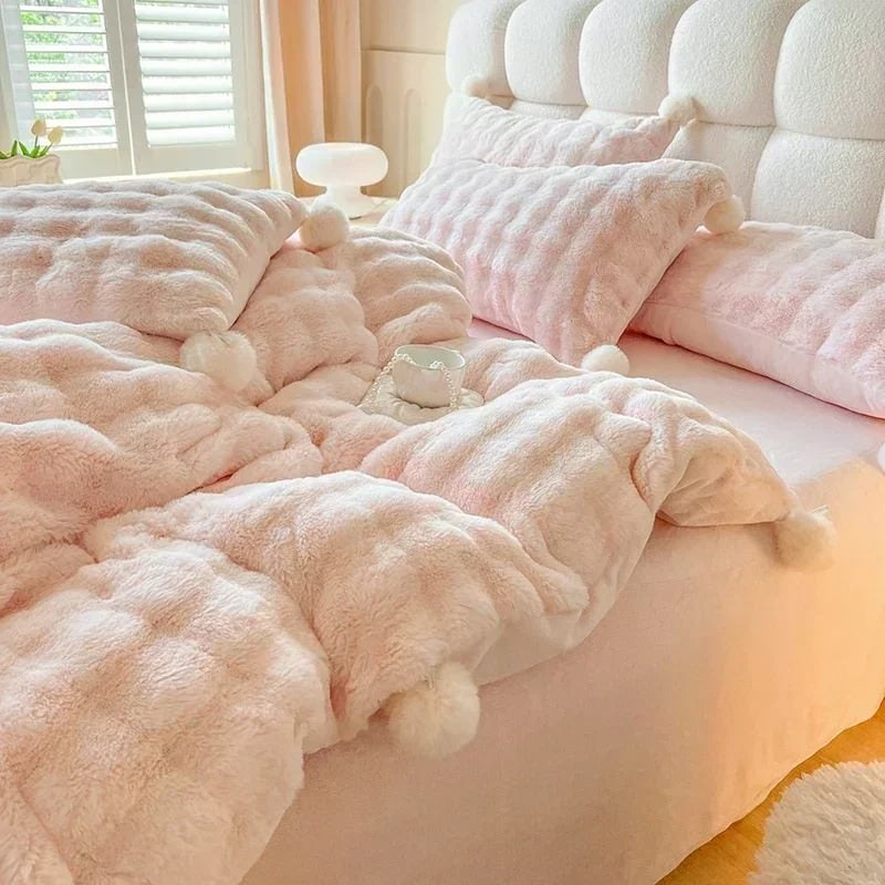 pastel pink faux fur fluffy plush bedding duvet cover set roomtery aesthetic room decor