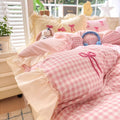 pink bedding, gingham bedding, ruffle bedding set, bow embroidery, washed cotton bedding, coquette room decor, soft girl bedding, cottagecore bedding, cute duvet cover, pastel bedroom