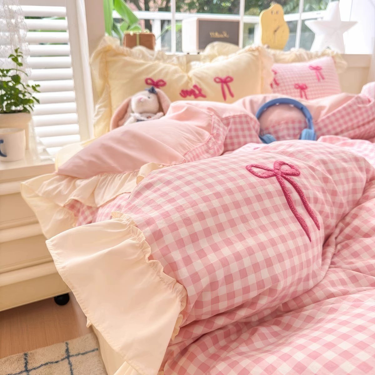 pink bedding, gingham bedding, ruffle bedding set, bow embroidery, washed cotton bedding, coquette room decor, soft girl bedding, cottagecore bedding, cute duvet cover, pastel bedroom