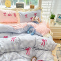 pink bedding, gingham bedding, ruffle bedding set, bow embroidery, washed cotton bedding, coquette room decor, soft girl bedding, cottagecore bedding, cute duvet cover, pastel bedroom