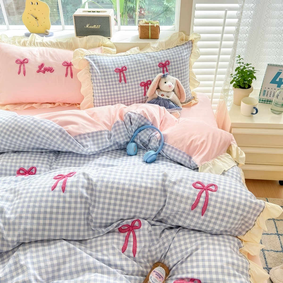 pink bedding, gingham bedding, ruffle bedding set, bow embroidery, washed cotton bedding, coquette room decor, soft girl bedding, cottagecore bedding, cute duvet cover, pastel bedroom