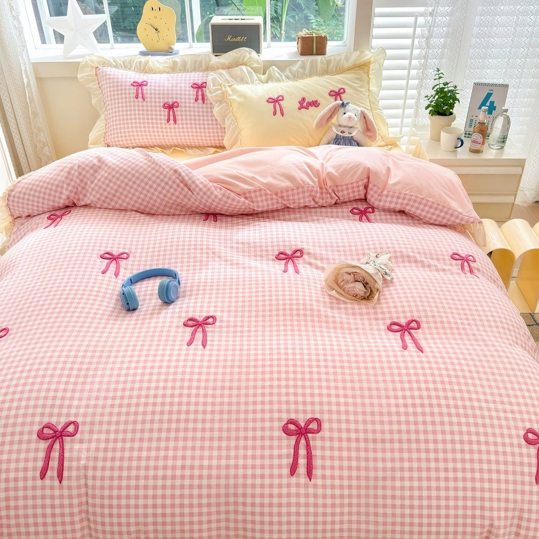 pink bedding, gingham bedding, ruffle bedding set, bow embroidery, washed cotton bedding, coquette room decor, soft girl bedding, cottagecore bedding, cute duvet cover, pastel bedroom