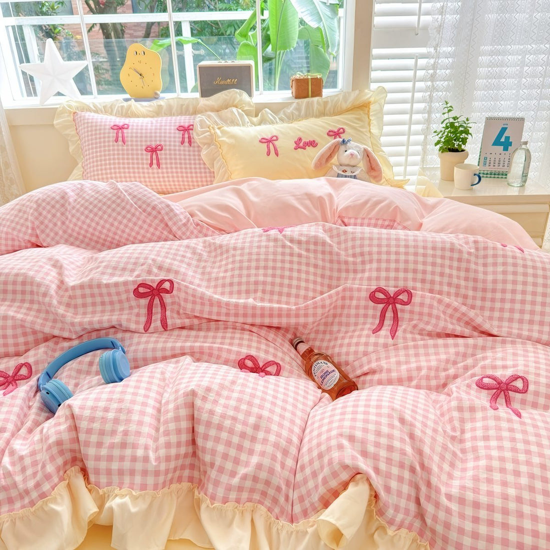 pink bedding, gingham bedding, ruffle bedding set, bow embroidery, washed cotton bedding, coquette room decor, soft girl bedding, cottagecore bedding, cute duvet cover, pastel bedroom