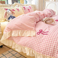 pink bedding, gingham bedding, ruffle bedding set, bow embroidery, washed cotton bedding, coquette room decor, soft girl bedding, cottagecore bedding, cute duvet cover, pastel bedroom