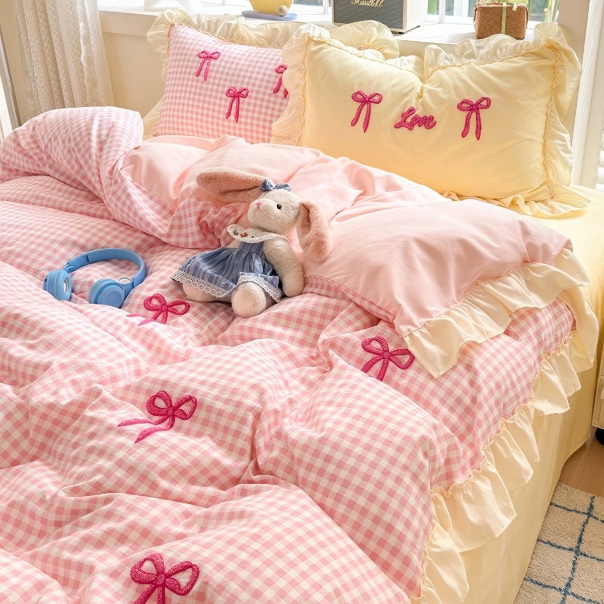 pink bedding, gingham bedding, ruffle bedding set, bow embroidery, washed cotton bedding, coquette room decor, soft girl bedding, cottagecore bedding, cute duvet cover, pastel bedroom