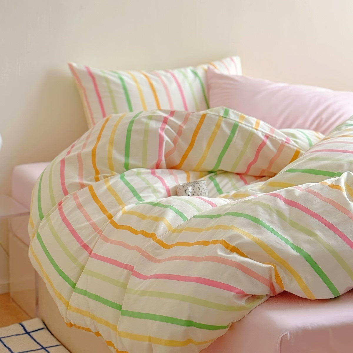 Pastel rainbow stripe bedding set with colorful lines on creamy background, paired with pink sheets.