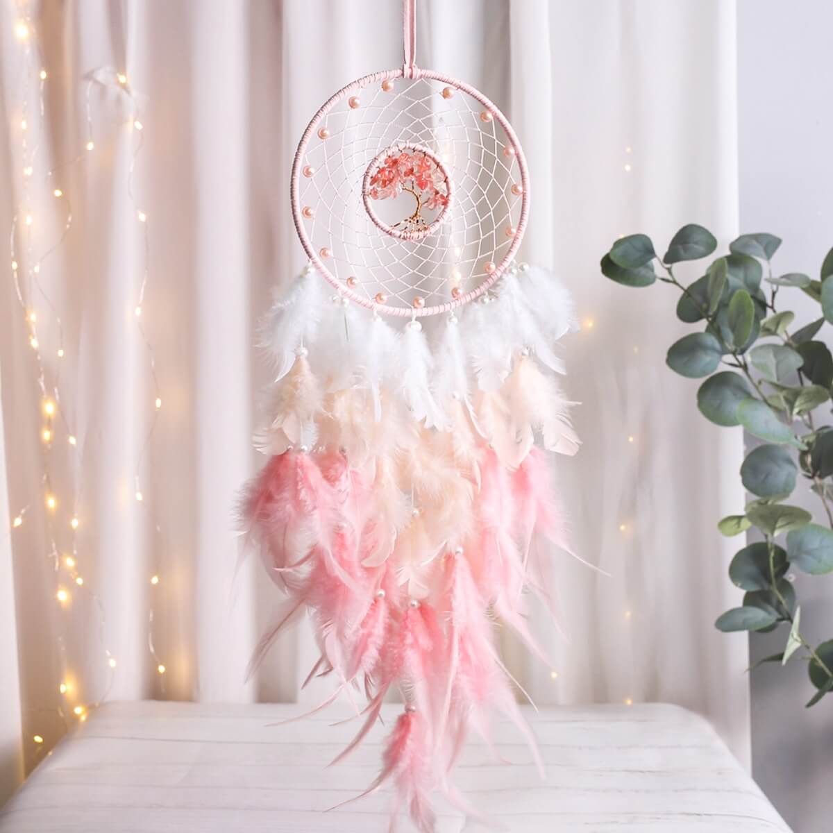 pink feather soft girl aesthetic wall hanging dream catcher decor