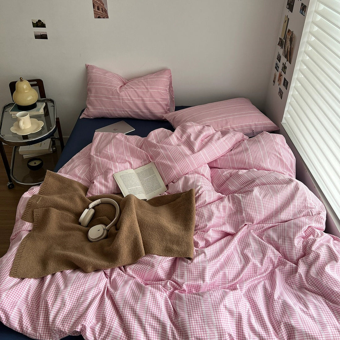 pink gingham thin stripes checkered bedding duvet cover set 