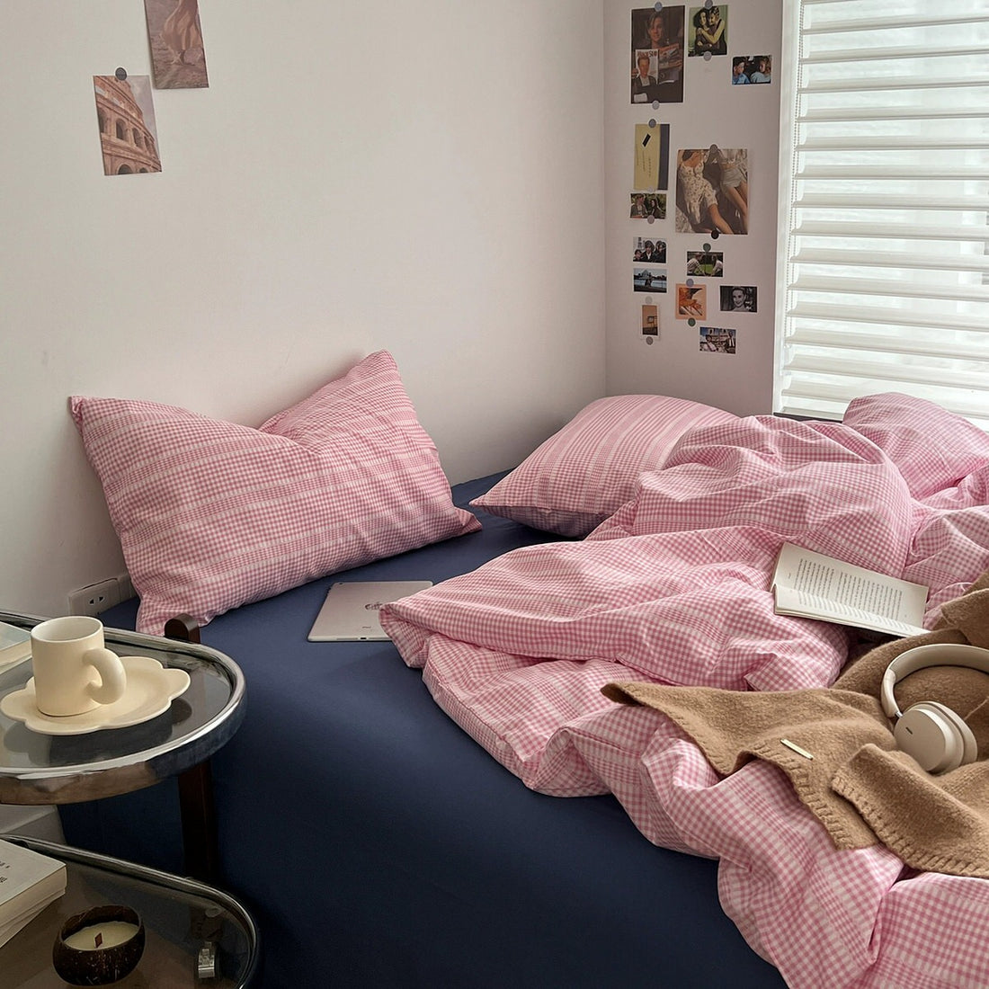 pink gingham thin stripes checkered bedding duvet cover set 