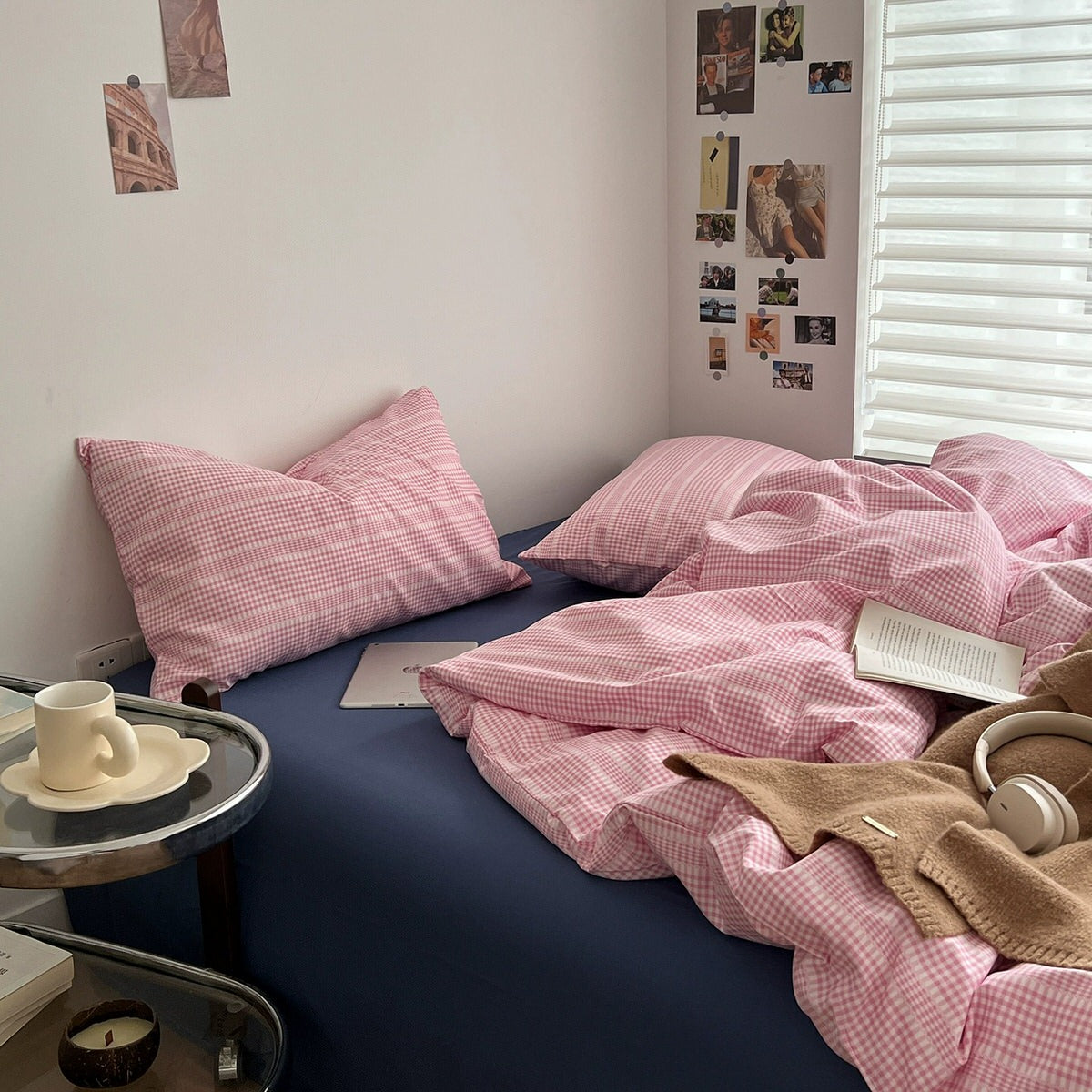 pink gingham thin stripes checkered bedding duvet cover set 