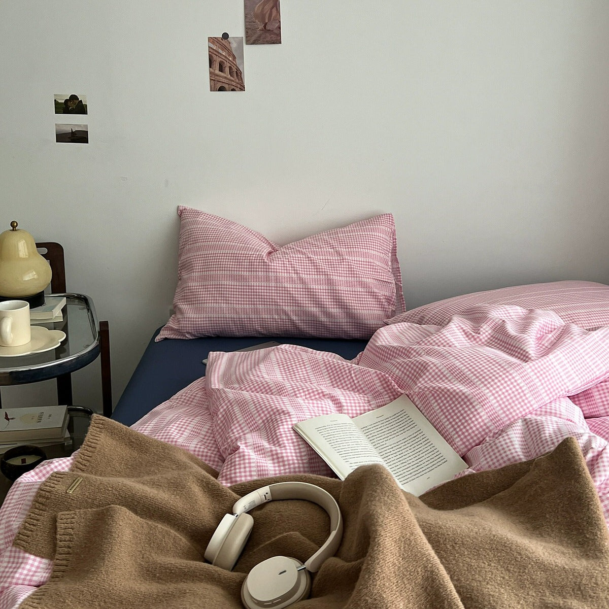 pink gingham thin stripes checkered bedding duvet cover set 